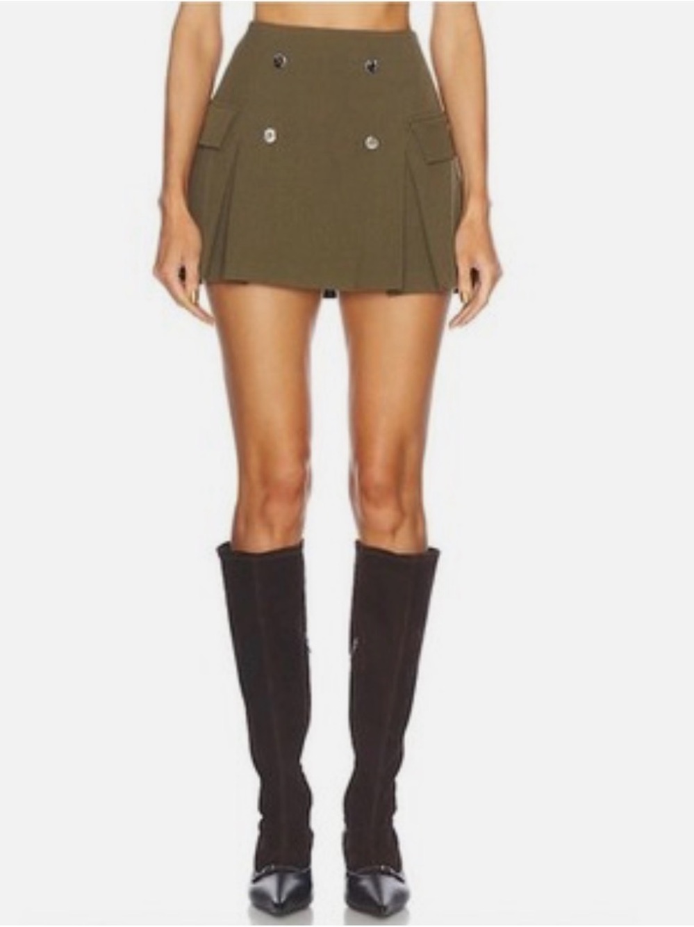 STAUD Olive Green Mini Skirt with Button Detail - Picture 1 of 8